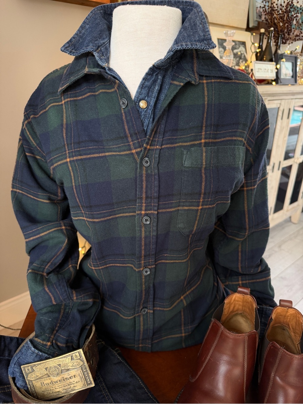 Eddie Bauer Green and Navy Plaid Button-Down Shirt